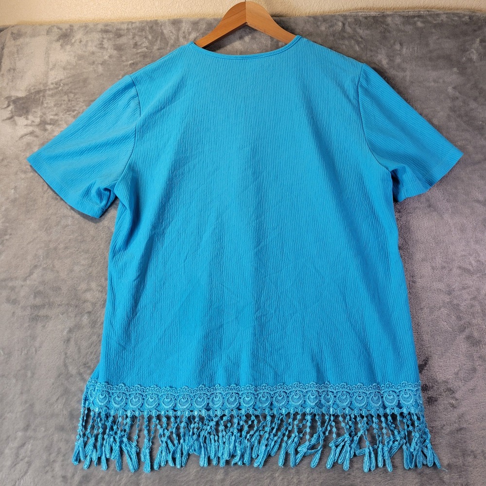 Superline Blue Fringe Hem Tunic‎ Top One Size Necklace Boho Crinkle Stretch USA - Picture 8 of 9